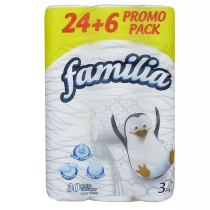 Тоалетна хартия Familia трипластова 24+6 бр.,неароматизирана