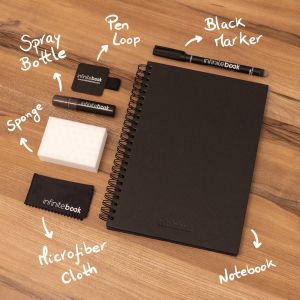 STARTER KIT INFINITEBOOK A5 PLANNER TEXTURE. Комплект, включващ „Infinitebook“ с твърда корица, 1 комплект за почистване, 1 маркер и 1 държач за химикалка