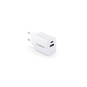 WEGENER. Захранващ адаптер с порт USB-A 18W и USB-C 20W от рециклиран ABS (100% rABS)